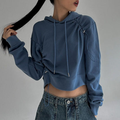 Damen Cropped Kapuzenpullover Verstellbarer Kordelzug Grau Eveloria