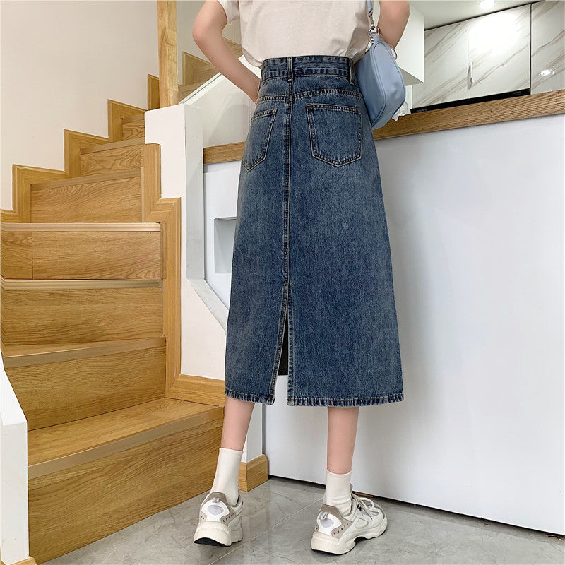 Damen Jeansrock Lang Hochtailliert Dekoratives Design Eveloria