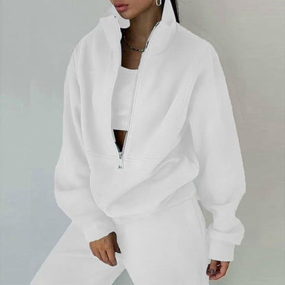 Damen Fleece-Pullover Hochkragen Reißverschluss Kuschelig Grau