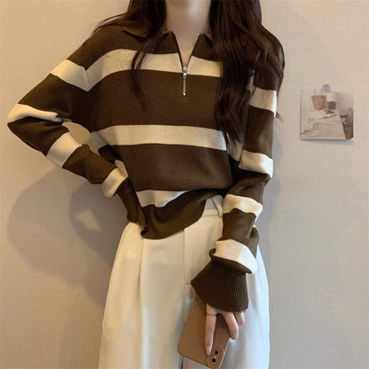 Damen Strickpullover Streifenmuster Reißverschluss