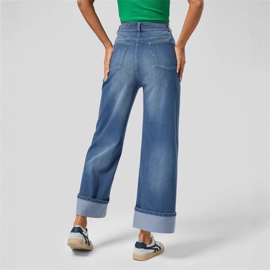 Damen Weite Denim-Hose Umschlag-Saum Blau Eveloria