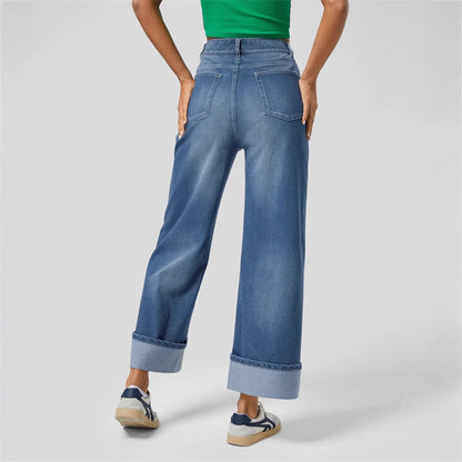 Damen Weite Denim-Hose Umschlag-Saum Blau Eveloria