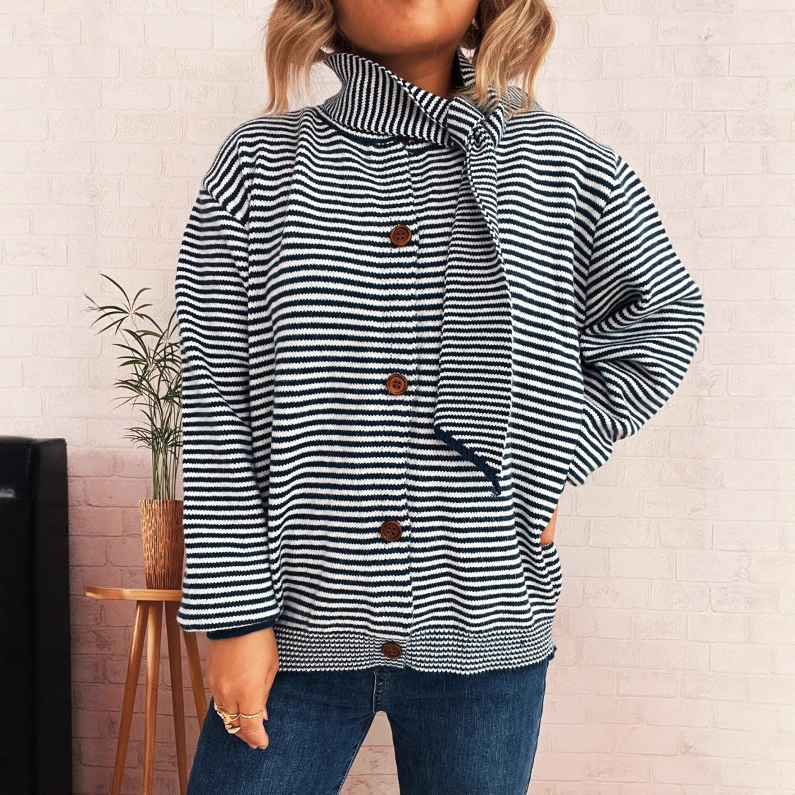 Damen Strickcardigan Gestreift Hochkragen Dekorative Knöpfe