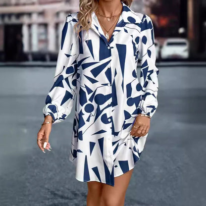 Damen Blusenkleid Geometrisches Muster Knöpfe Eveloria