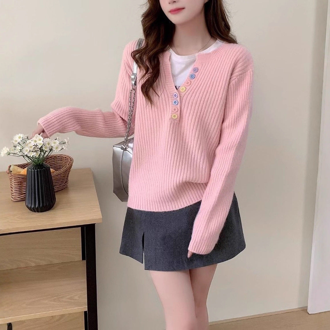Damen Kuschel-Pullover Rundhalsausschnitt Knopfleiste Eveloria - Eveloria