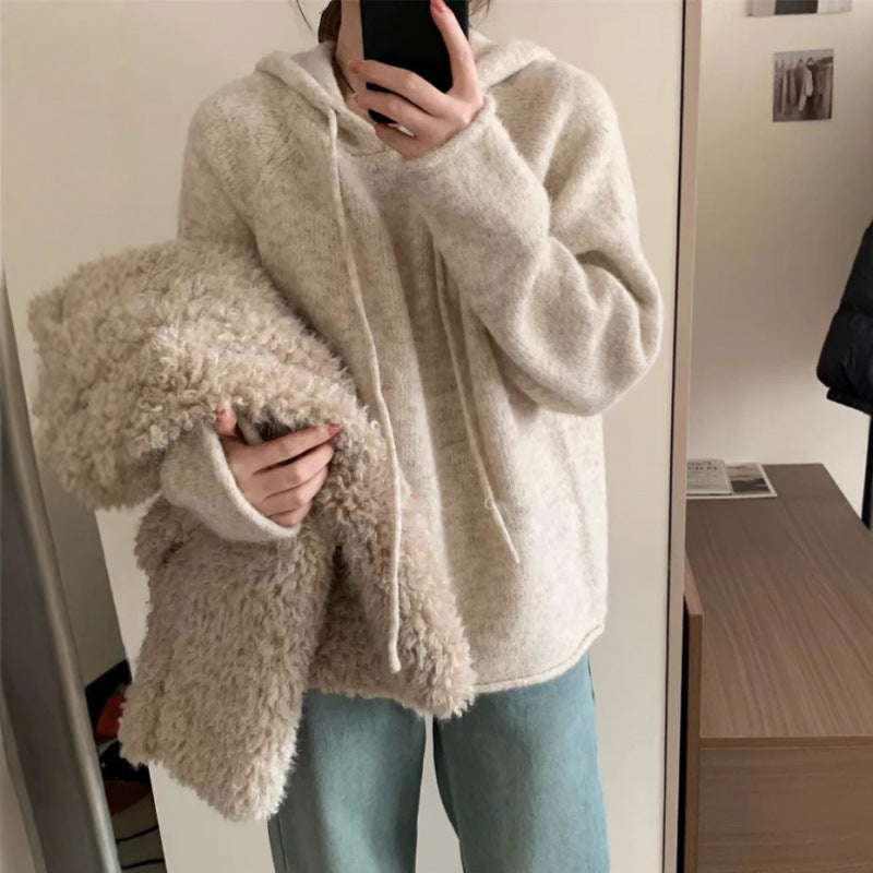 Damen Hoodie Weiches Fleece Kängurutasche Beige