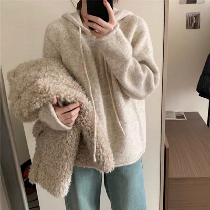 Damen Hoodie Weiches Fleece Kängurutasche Beige