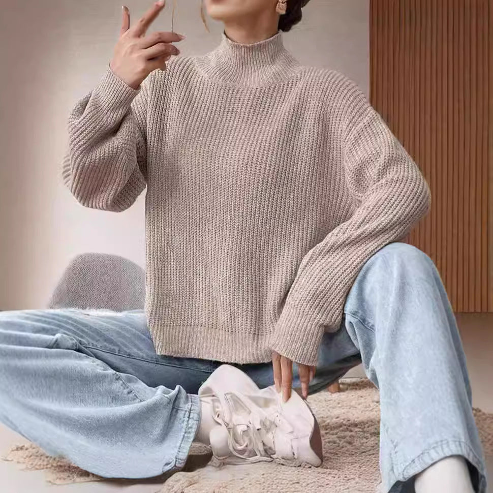 Damen Grobstrickpullover Hochkragen Lässig Eveloria - Eveloria