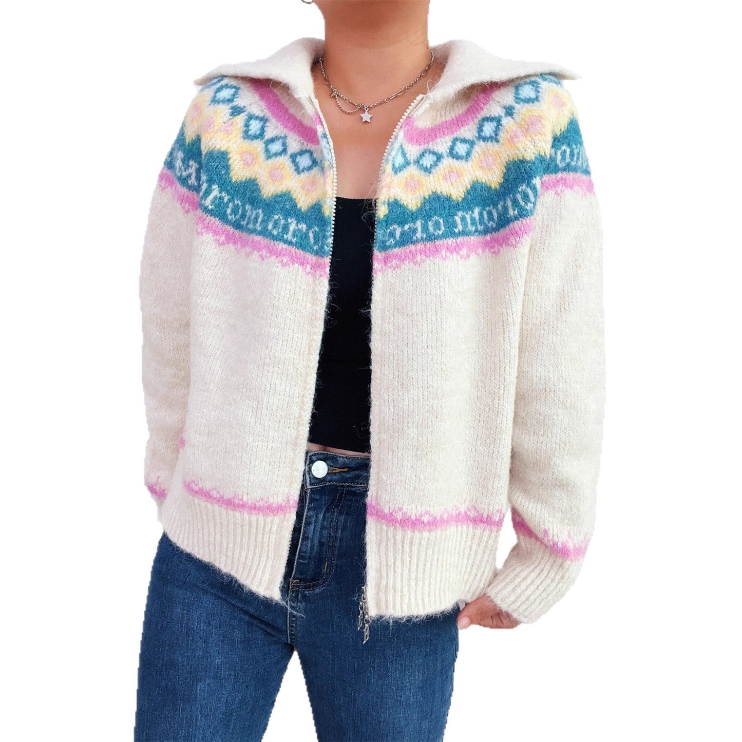 Damen Strickjacke Floralmuster Modern Reißverschluss Eveloria
