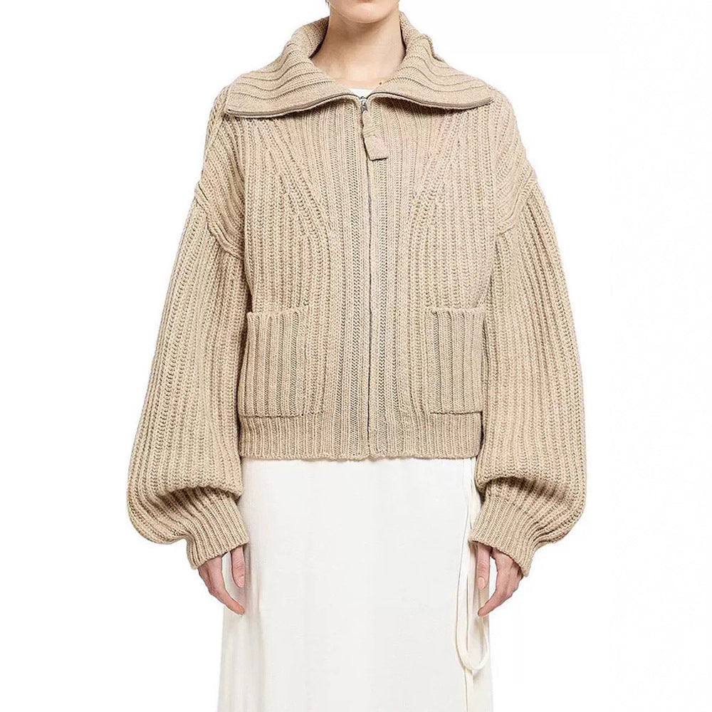 Damen Grobstrickpullover Hochkragen Praktische Taschen Eveloria