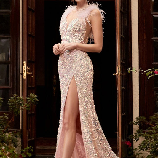 Damen Abendkleid Pailletten Federdetail Schwarz Eveloria - Eveloria