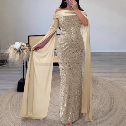 Damen Abendkleid Schulterfrei Glitzernd Langärmlig Eveloria - Eveloria