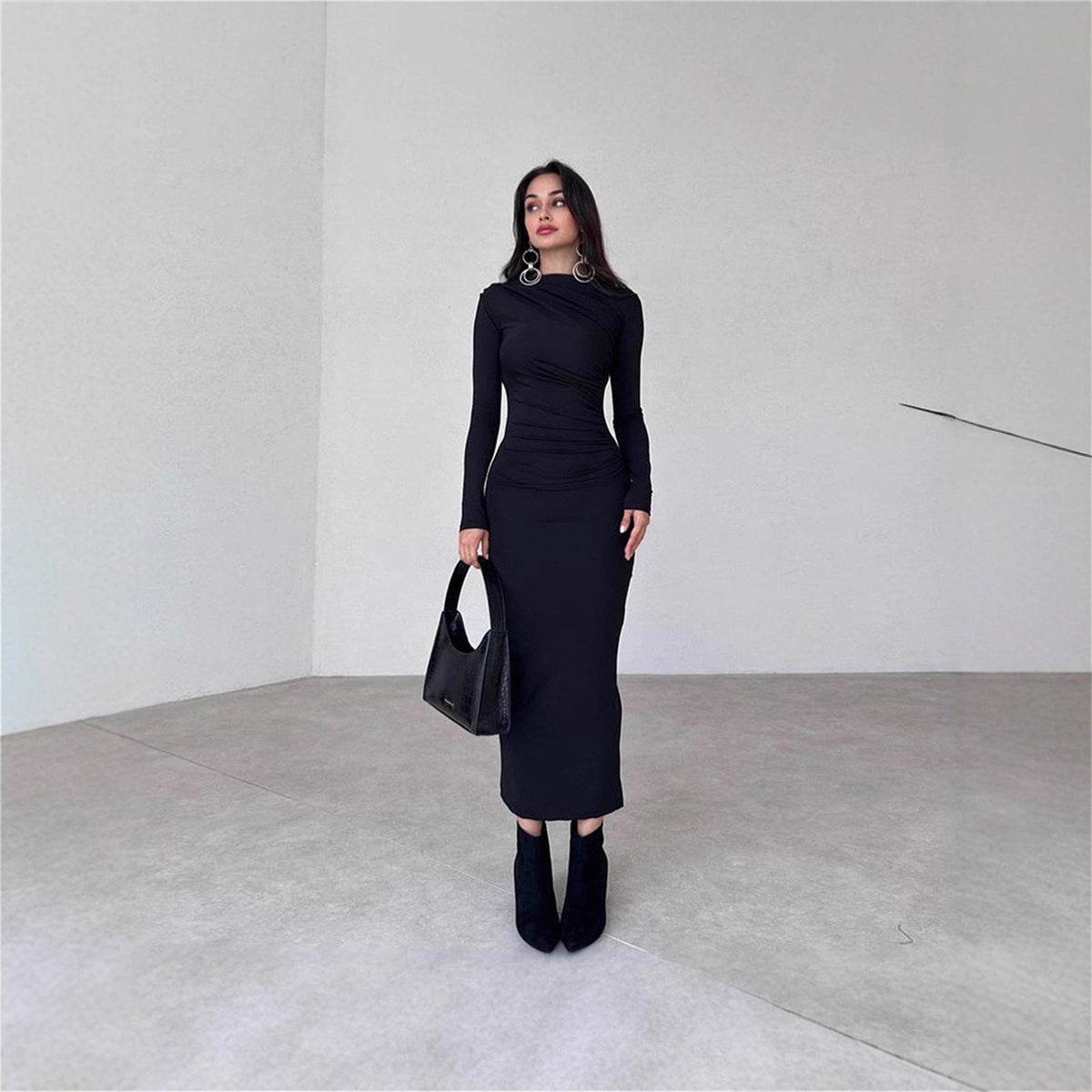 Damen Langarmkleid Figurbetont Raffung Schwarz Eveloria - Eveloria
