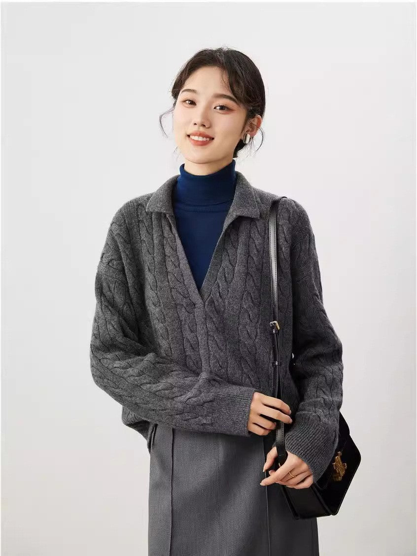 Damen Strickpullover V-Ausschnitt Kabelmuster