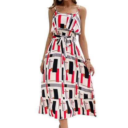 Damen Midi-Kleid Grafisches Design Taillengürtel Eveloria