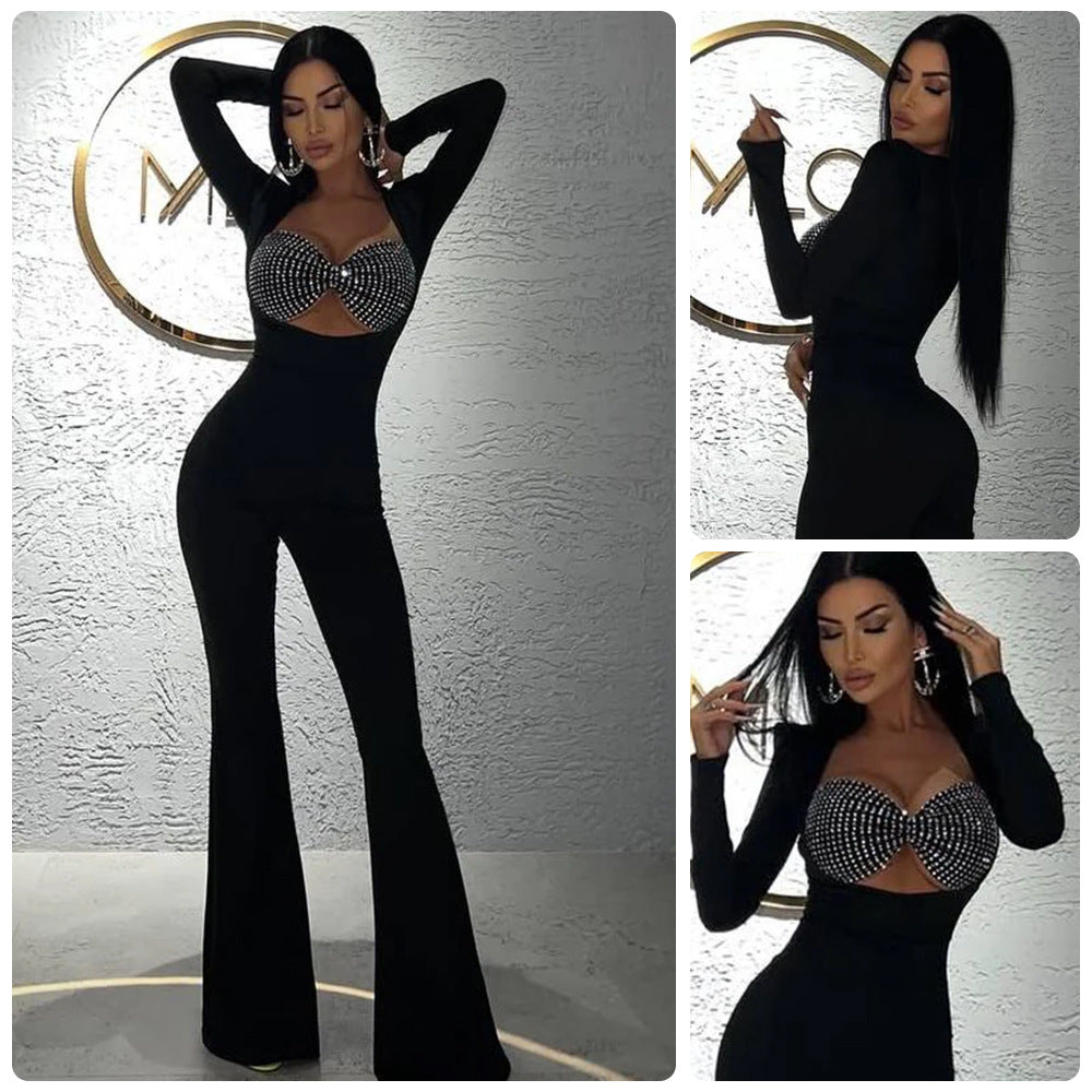 Damen Jumpsuit mit Strassdetails Figurbetont Schwarzeveloria - Eveloria