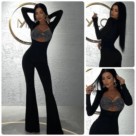 Damen Jumpsuit mit Strassdetails Figurbetont Schwarzeveloria - Eveloria
