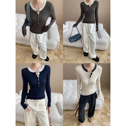 Damen Henley-Pullover Rippstruktur Lässig Eveloria