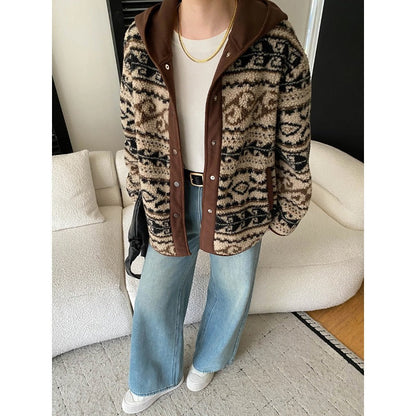 Damen Cardigan mit Kapuze und Muster