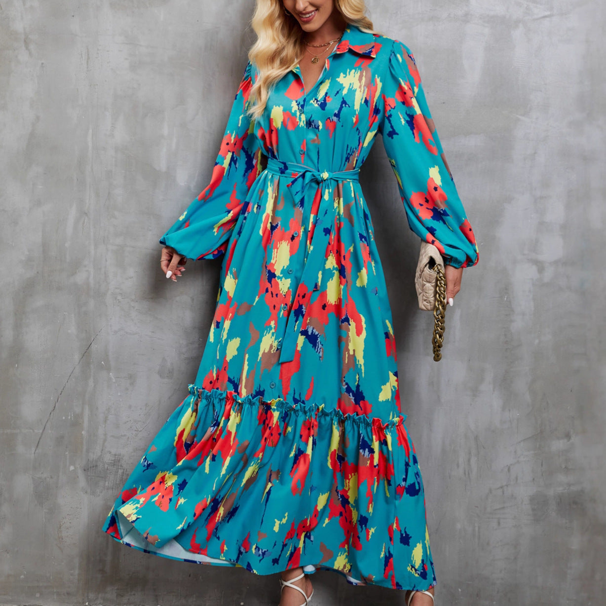 Damen Maxi-Kleid Langarm Floralmuster Eveloria - Eveloria