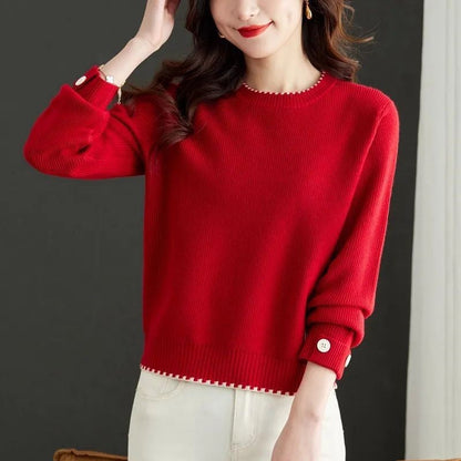 Damen Strickpullover Feine Ribstruktur Modische Knöpfe Eveloria