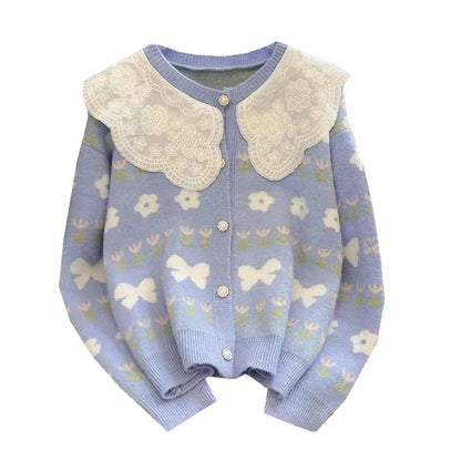 Damen Strickjacke Floralmuster Großkragen