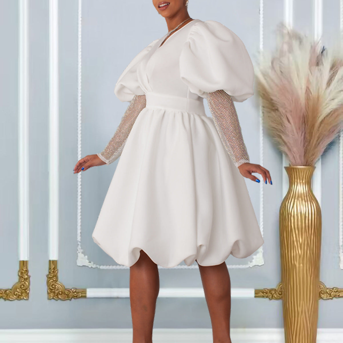 Damen Wickelkleid Puffärmel Netzoberarm Transparent Eveloria