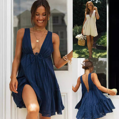 Damen Leichtkleid V-Ausschnitt Bindeband