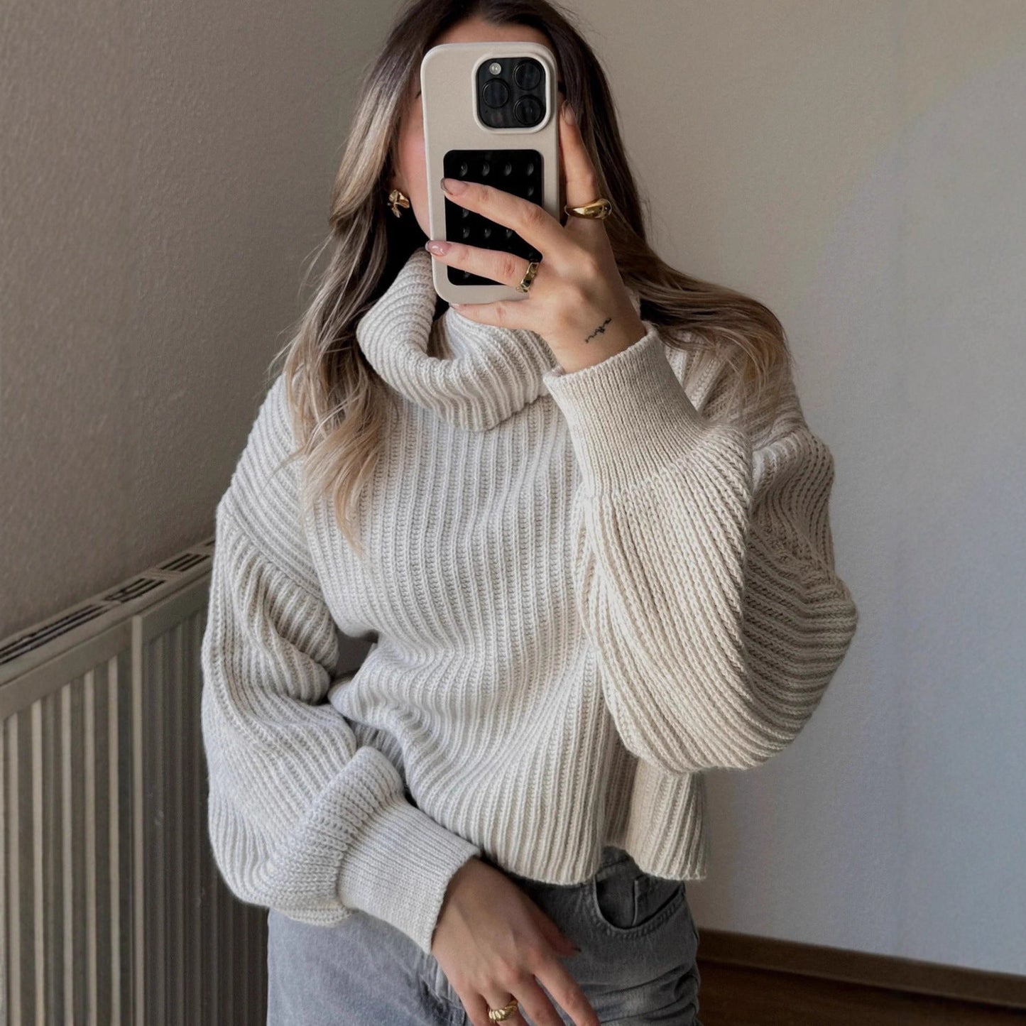 Damen Grobstrickpullover Hochkragen Weitärmelig Eveloria - Eveloria