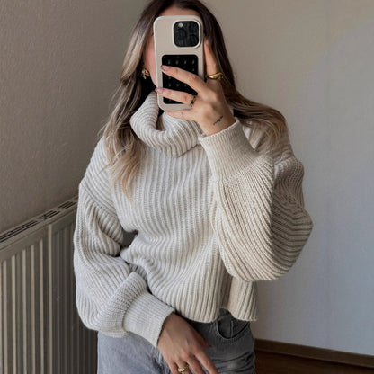 Damen Grobstrickpullover Hochkragen Weitärmelig Eveloria - Eveloria