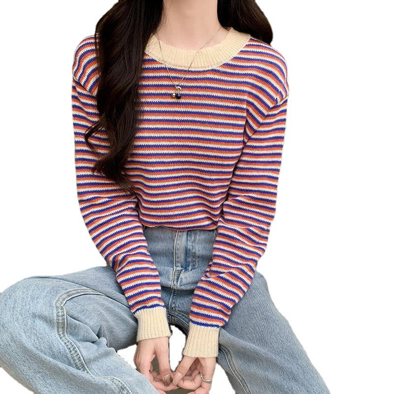 Damen Pullover Gestreift Rüschenbesatz
