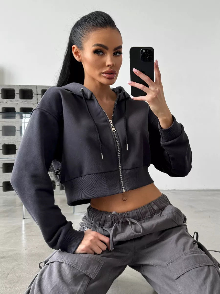 Damen Cropped Hoodie Sportlich mit Kängurutasche und weiten Ärmeln