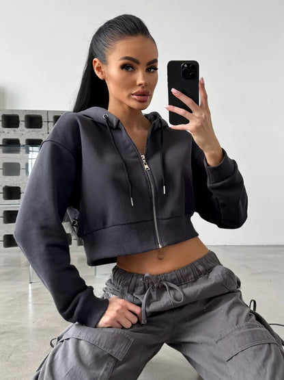 Damen Cropped Hoodie Sportlich mit Kängurutasche und weiten Ärmeln