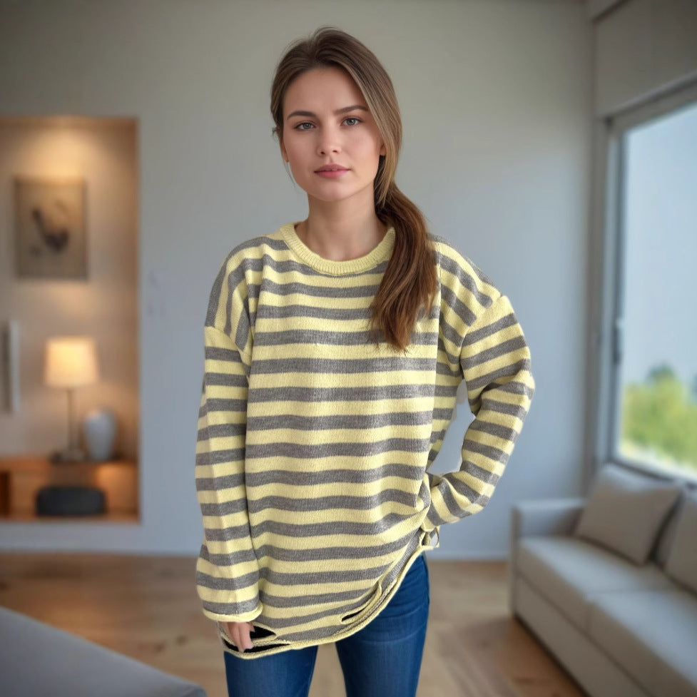 Damen Oversized-Pullover Gestrickt Lässiges Streifenmuster