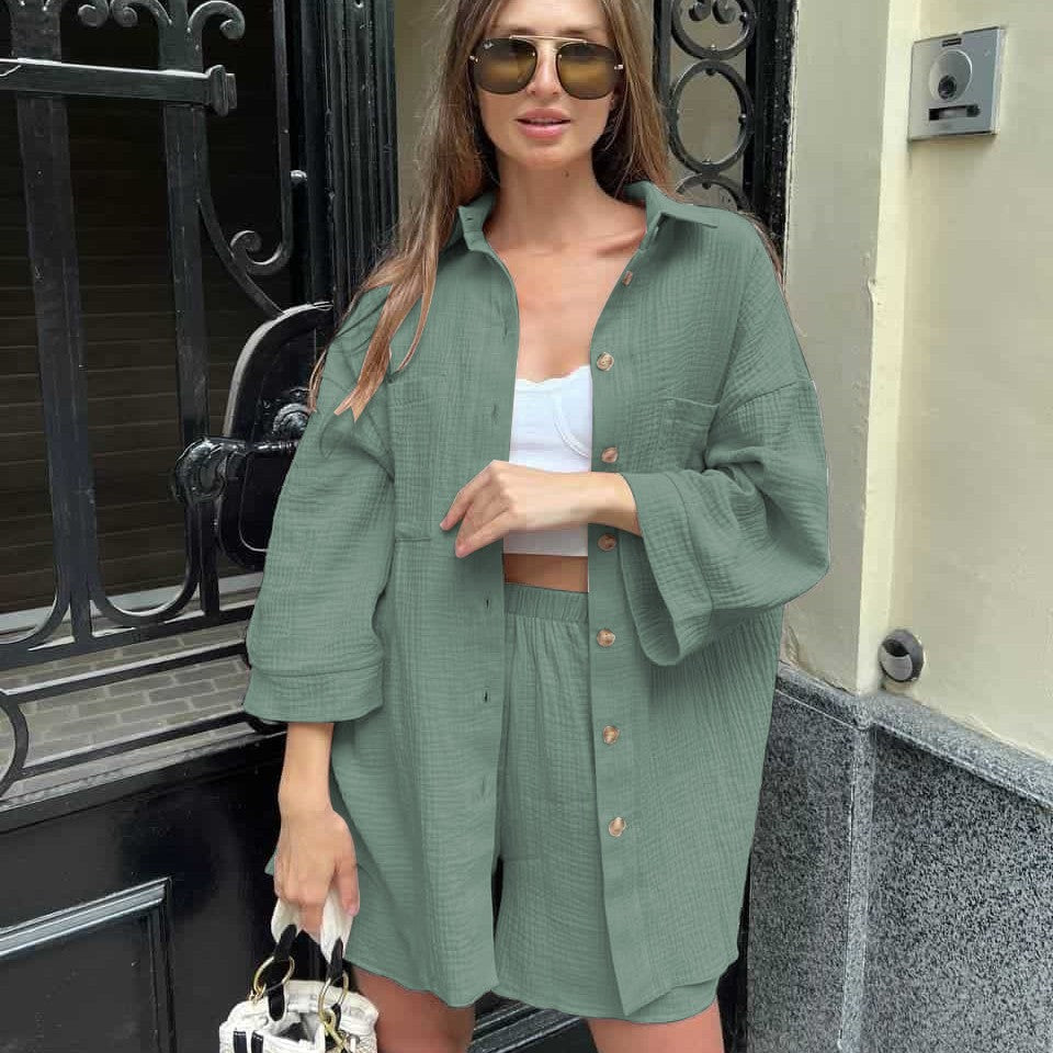 Damen Kurzarm Kombi Set Knopf Oberteil Bequeme Shorts