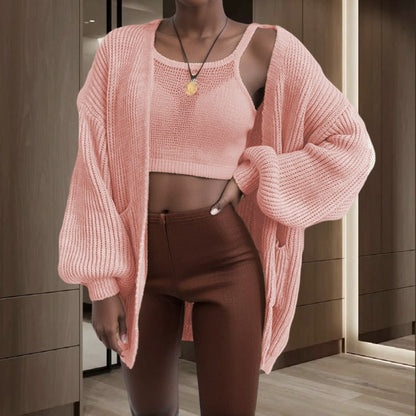 Damen Cardigan Grobstrick Voluminöse Ärmel