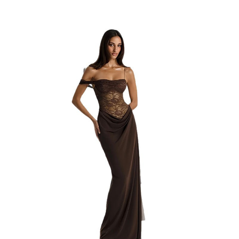 Damen Abendkleid Spitzenoberteil Schulterfrei Fließender Rock Eveloria