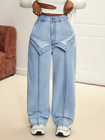 Damen Weite Jeans Asymmetrisch Innovativ Schnitt Eveloria