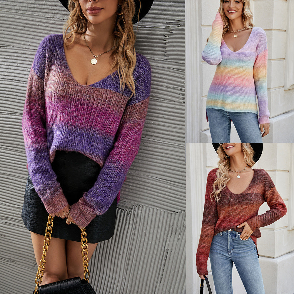Damen V-Pullover Gemütlich Farbverlauf Eveloria - Eveloria