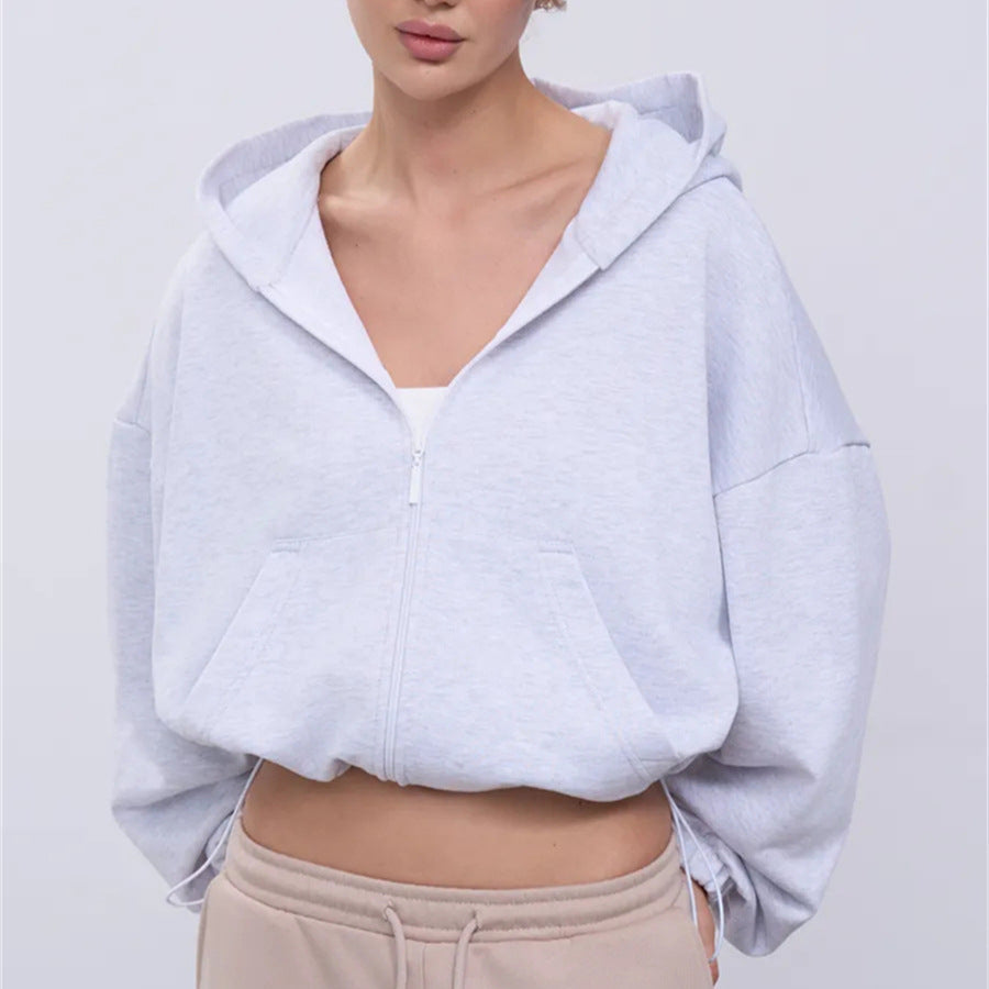 Damen Cropped Kapuzenjacke Reißverschluss Übergroße Ärmel Eveloria