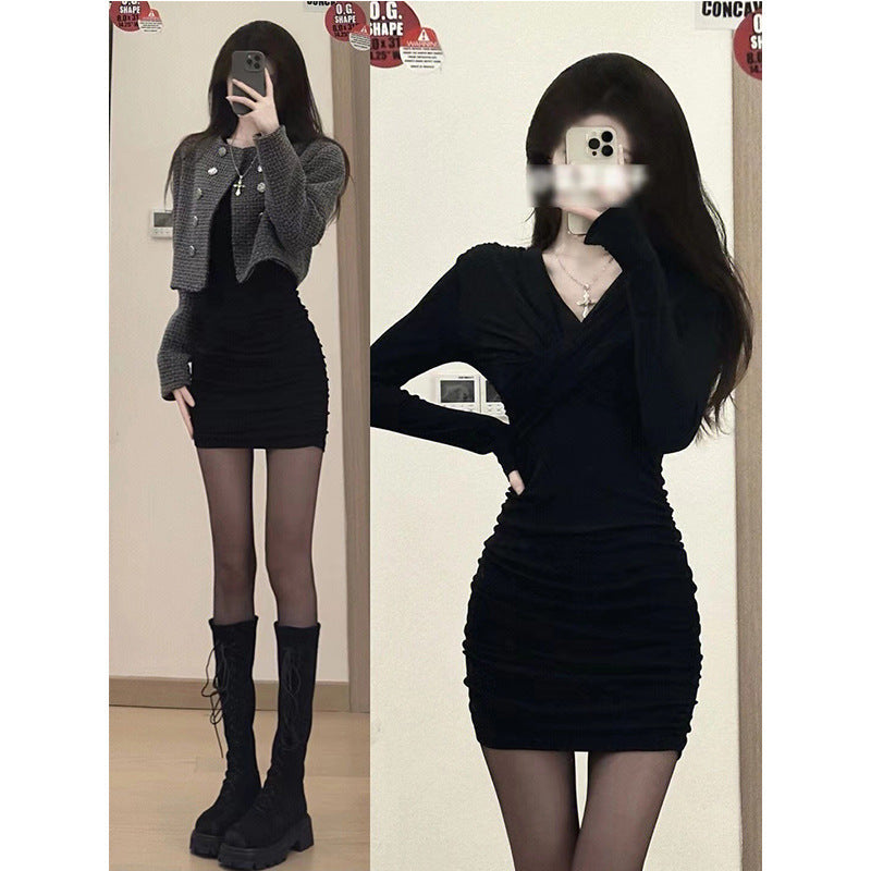 Damen Wickelkleid Figurbetont Langer Ärmel
