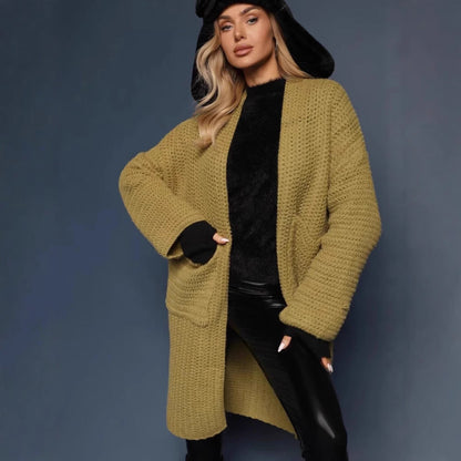 Damen Oversized Strickjacke V-Ausschnitt Taschen Beige