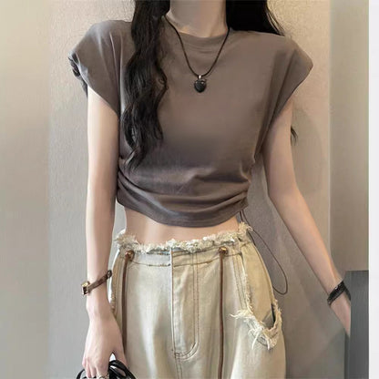 Damen T-Shirt Kurzarm mit Kordelzug und Puffärmeln - Eveloria