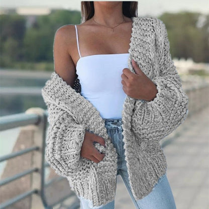 Damen Grobstrick-Cardigan Oversized Lässig Beige