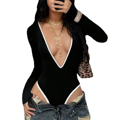 Damen Bodysuit Figurbetont V-Ausschnitt Länge Ärmel Eveloria