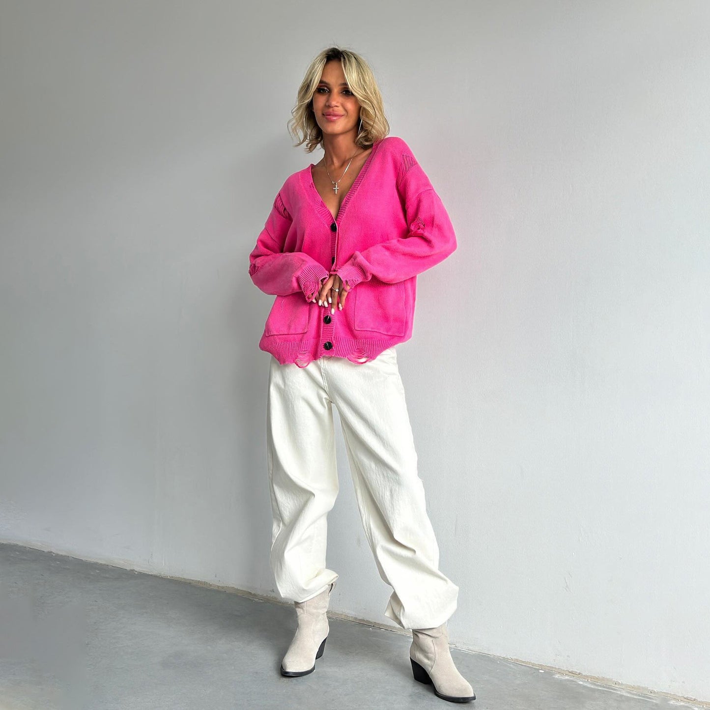 Damen Oversized Strickjacke Knöpfe Beige