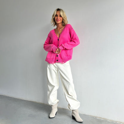 Damen Oversized Strickjacke Knöpfe Beige