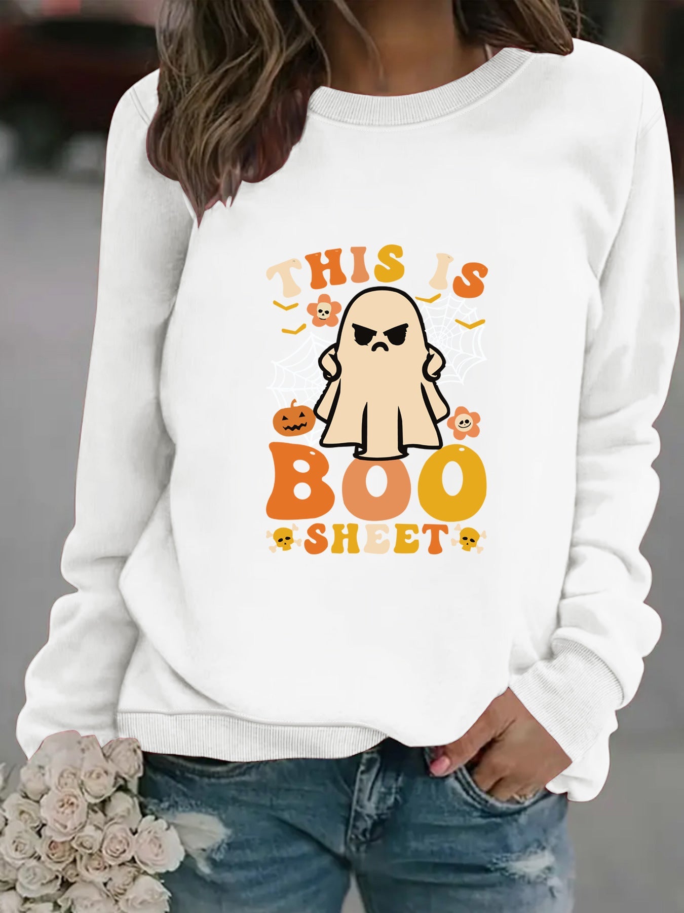 Damen Sweatshirt Herbst-Print Lässiger Schnitt Beige