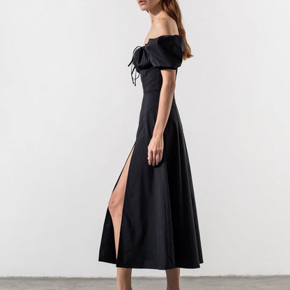 Damen Maxikleid Schulterfrei Voluminöse Puffärmel Eveloria