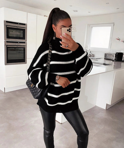 Damen Strickpullover locker mit Streifenmuster und hohem Kragen